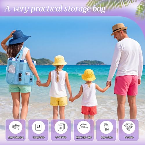 Image of Hillban Large Beach Mesh Bags Bulk for Women Beach Tote Bag with 8 Pocket Zipper Waterproof Sandproof for Pool Cruise Ship