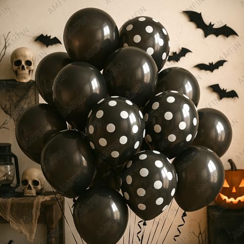 Image of AMFIN (Pack of 25) Polka Dot Black & Solid Latex Black Party Balloons - Birthday Wedding, Baby Shower, Anniversary, Graduation, Halloween, New Year Decorations