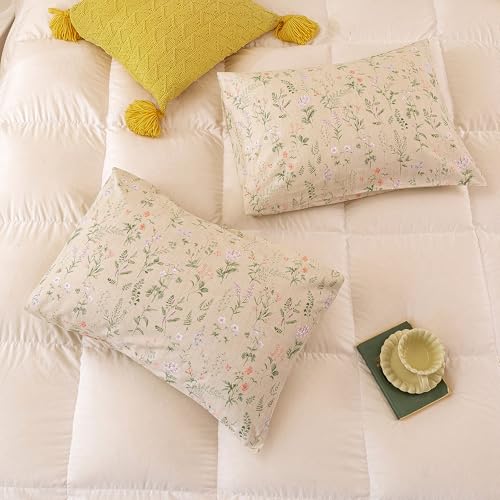 Image of ECOCOTT Floral Pillowcases Standard Size Set of 2, 100% Washed Cotton Pillow Cases with Envelope Closure, Beige Botanical Wildflower Printed Pillow Covers for Cottagecore Farmhouse Bedroom Decor