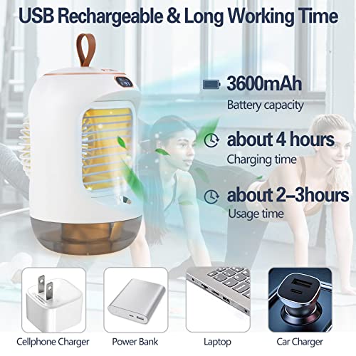Image of 3 IN 1 Portable Air Conditioner - Sprayable Misting Humidification Cooling Fan,3600mAh USB Rechargeable, 3 Speeds and 90 Degree Pivoting Head with Night Light - Quiet Tabletop Fan for Home, Bedroom