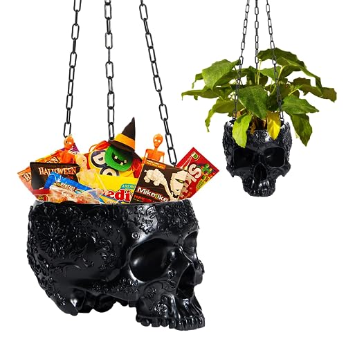Halloween Hanging Skull Planter Pot with Chain & Hook Gothic Skeleton Candy Bowl Trick or Treat Bucket Spooky Skull Flower Pot Creepy Horror Home Decor Outdoor Indoor Garden Decoration 6 Inch Black