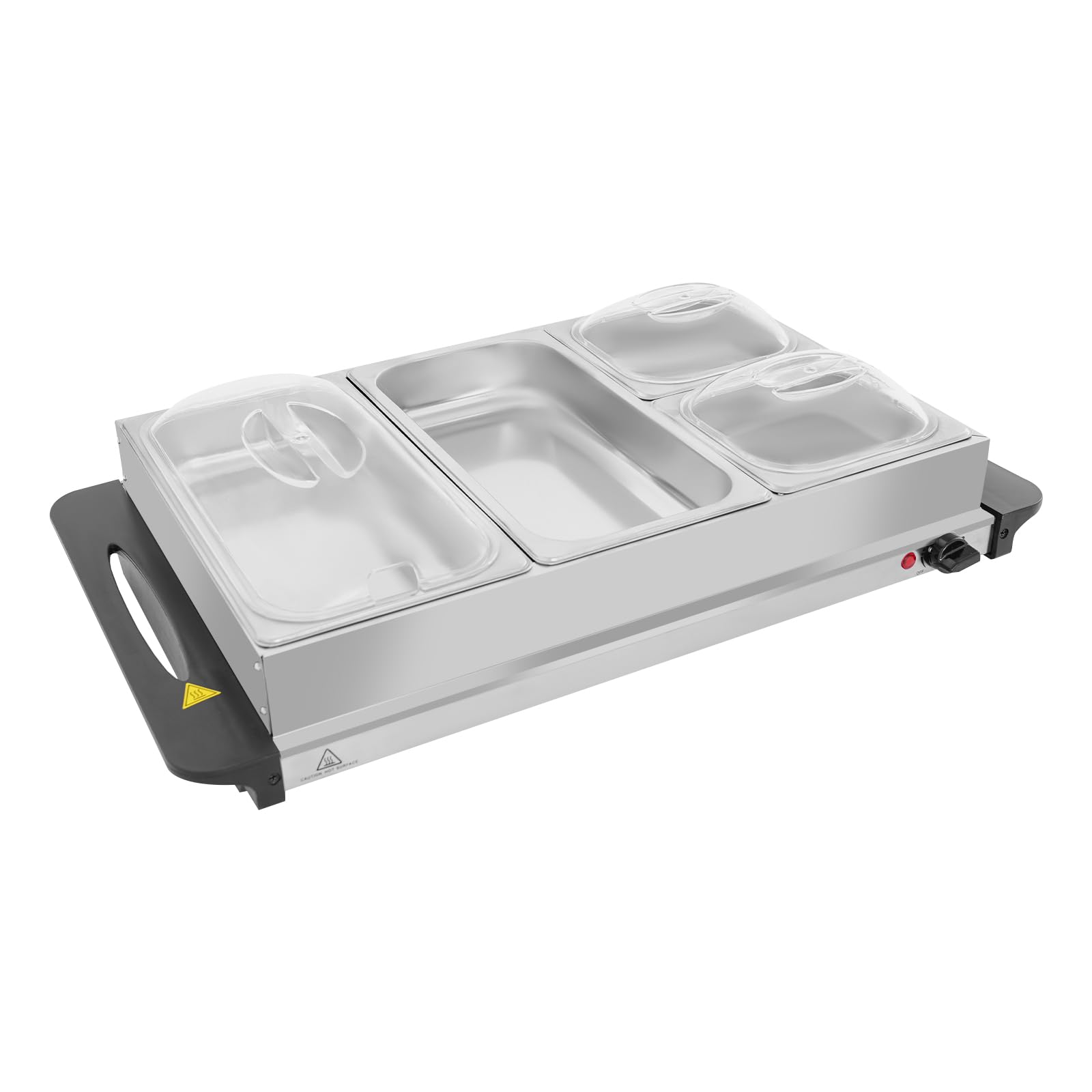 Scaldabagno a buffet in argento, con 4 vassoi estraibili e piastra di mantenimento in caldo, temperatura regolabile, per buffet, eventi di catering, sale da pranzo dell'hotel, 65 x 38,5 cm, 6,5 cm