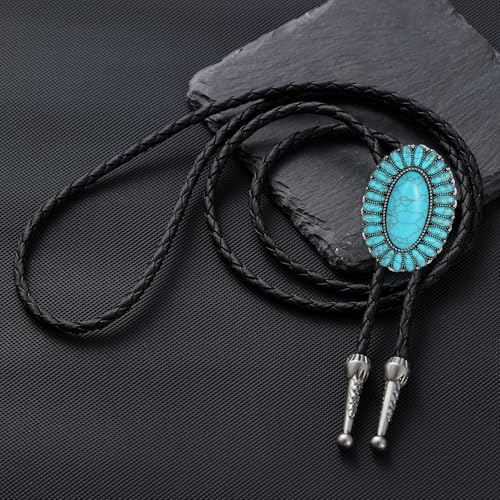 Image of AZORA Western Cowboy Bolo Tie Men Leather Necktie Leather Cord Turquoise Stone Bolo Ties for Men Women