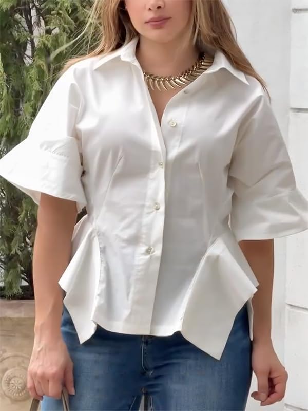 UOOZEE Women's Half Sleeve Collar V Neck Button Down Shirts Asymmetrical Hem Ruffle Loose Casual Cotton Tops Blouse - Image 4