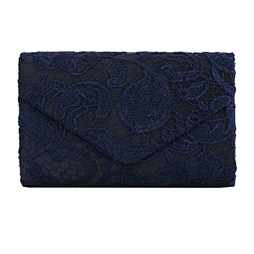 (Navy Blue) - Ladies Satin Lace Envelope Clutch Bag, Clorislove Evening Shoulder Bag for Bridal Wedding Handbag Prom Bag