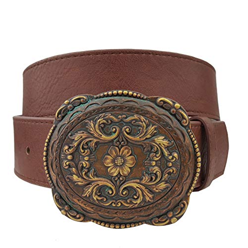 Western Vintage Brass Patina Buckle Belt Brown S/M