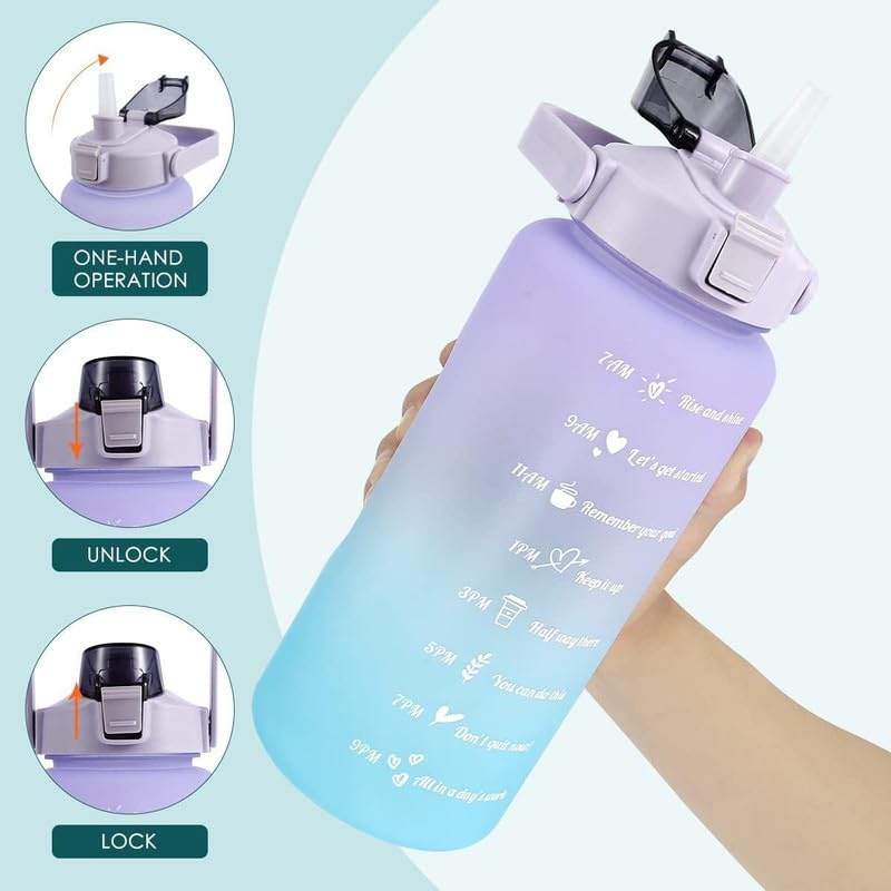 Image of MOTIVATIONAL 3-Pcs (2000ML-900ML-300ML) Water Bottle with Straw & Time Marker | Leak-Proof Sports Bottle for Gym, Office, School | Break-Resistant Silicone Bottle for Daily Hydration (Purple)