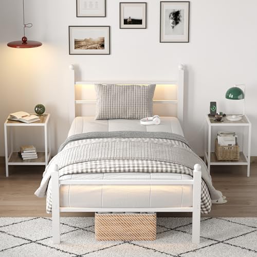 CollaredEagle Twin Bed Frame with Headboard and Footboard,Heavy Duty Steel Slats Support Metal Bed Frame with Charging Station,White