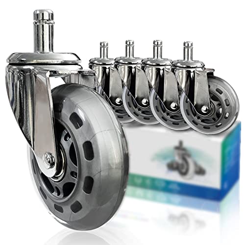 3/75mm Silent PU Swivel Casters Wheels for Office Chairs (Load 250kg/5pcs) - M11x22mm Swivel Stem Without Brake - Replacement Casters for Hard Floors - Universal Swivel Wheels (Grey)