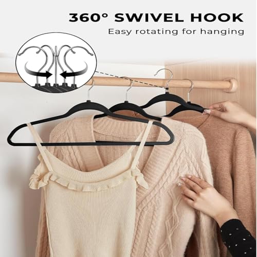 Image of Slim Plastic Hangers for Clothes - Heavy Duty Non-Velvet Hangers with 360 Swivel Chrome Hook & Non Slip Notches - Ideal for Dresses Coats Shirts Jackets & More (Black, 12)