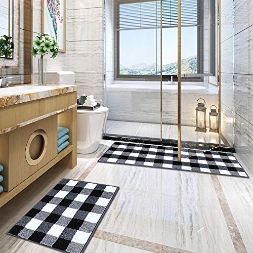Carvapet 2 Pieces Buffalo Plaid Check Rug Set Water Absorb Microfiber Non-Slip Kitchen Rug Bathroom Mat Checkered Doormat Carpet For Laundry 17"X48"+17"X24", Black And White #TOP1