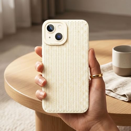 Image of amazon basics Luxury 3D Knitted Texture Soft Silicone Back Cover for iPhone 14 | Slim Fit Shockproof Case with Camera Protection & Non-Slip Grip - Cream