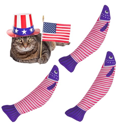 Haourlife Catnip Fish Toys – Stars and Stripes Plush Cat Toys for Indoor Cats, Independence Day Themed Kicker Toy for Cats and Kittens, 4th of July Cat Gifts, 3-Pack