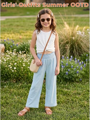 Image of Girls' Clothing Sets Sleeveless Bow Crop Top Wide Leg Linen Pants 2026 Summer Outfits Cute Kids Clothes