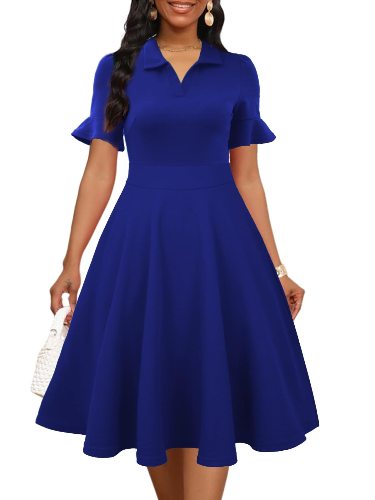Mokayee Womens Summer Ruffle Sleeve Collared V Neck Fit and Flare Elegant A line Swing Dresses with Pockets