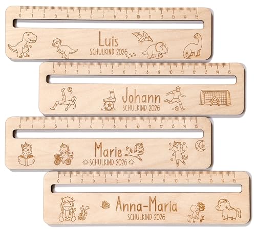 Personalisiertes Lineal mit Lesehilfe zur Einschulung 2026 mit Name aus Holz Verschiedene Motive - Geschenk zur Einschulung Schulanfang 1. Klasse Schulkind Geschenk für Jungen und Mädchen