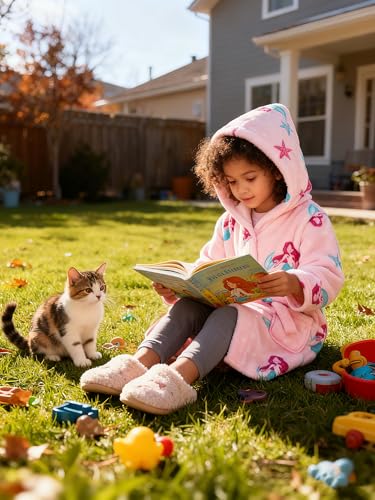 Image of Girls Fleece Hooded Robes, Warm Printed Bath Robe for Kids Soft Fuzzy Bathrobe for Gifts