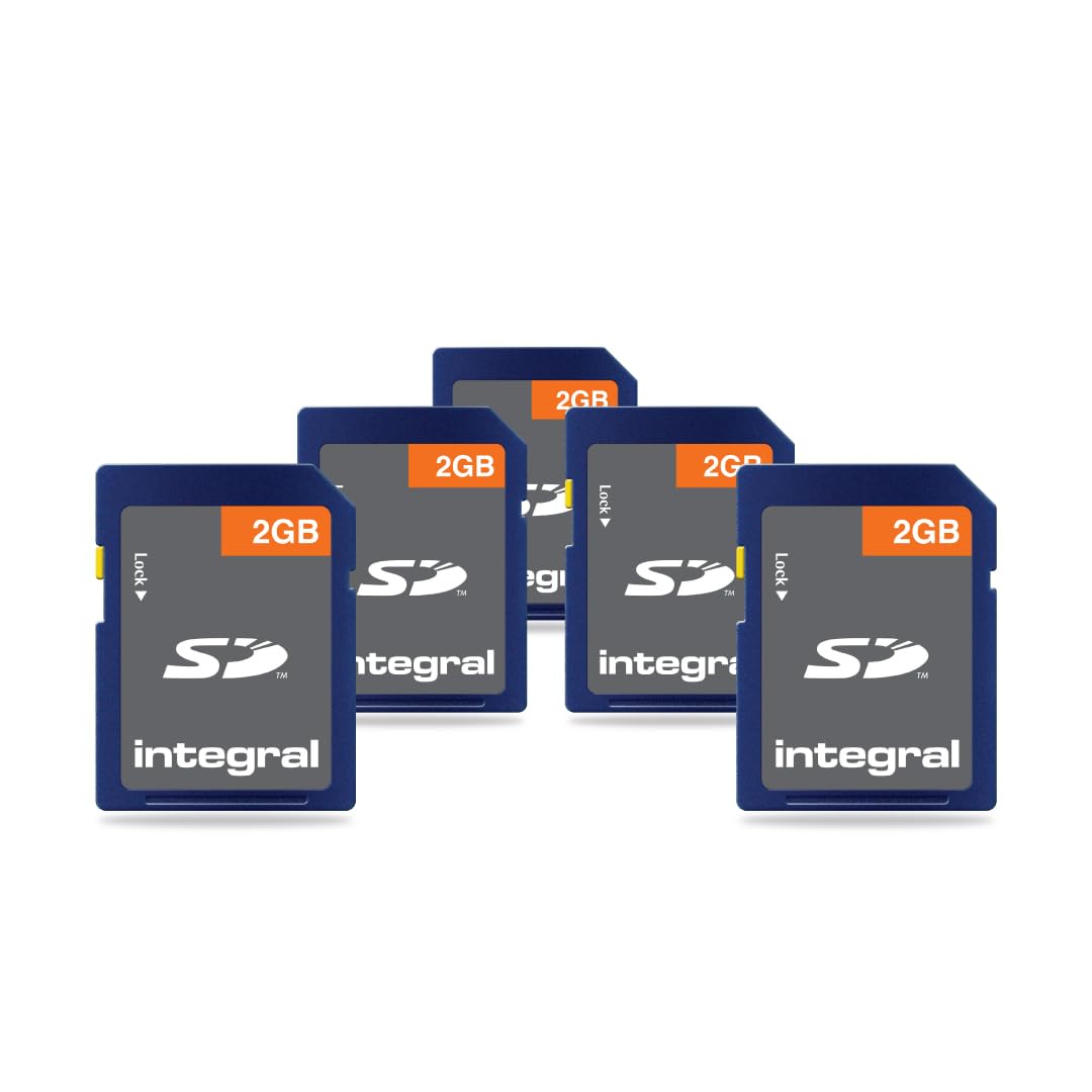 Integral Scheda di memoria SD da 2 GB (Secure Digital), confezione da 5, compatibile con dispositivi legacy, fotocamere, lettori MP3, videocamere e altro ancora