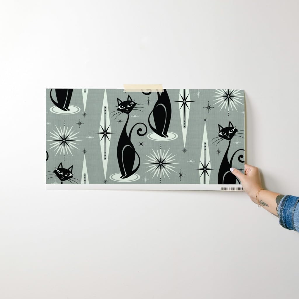 Peel & Stick Wallpaper Swatch - Mid Century Gray Vertical Diamonds Retro Cat 1950S Cats Fifties Atomic Custom Removable Wallpaper by Spoonflower
