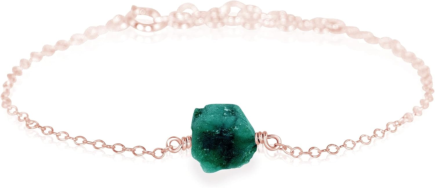 Luna Tide Emerald Raw Nugget Anklet in 14k Rose Gold Fill