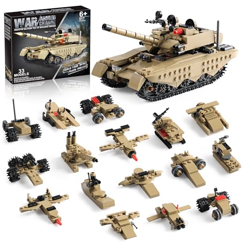 Army Tank Toy Building Blocks Set Compatible with Lego, Create a Armored Tank or 16 Small Military Models, Great Army Men Toys Gifts for Boys Kids and Teens Age 6+ Year Old