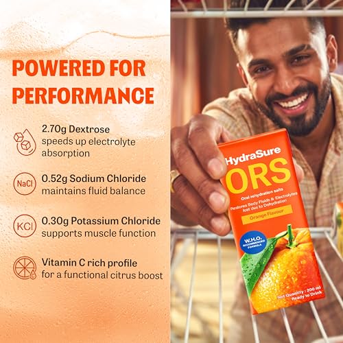 Image of HydraSure Orange ORS Drink - 200 ml (Pack of 30) | Ready to Drink Electrolytes for Instant Hydration, Orange Flavoured Beverage in tetra pack, WHO Recommended Formula