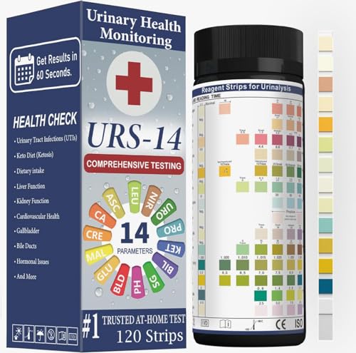 URS Urine Reagent Test Strip for 14 Parameters Urinalysis - Self Testing at Home in 60 Seconds for Men and Women PH, SG, Prot, KET, BLO, BIL, CRE, Kidney,...