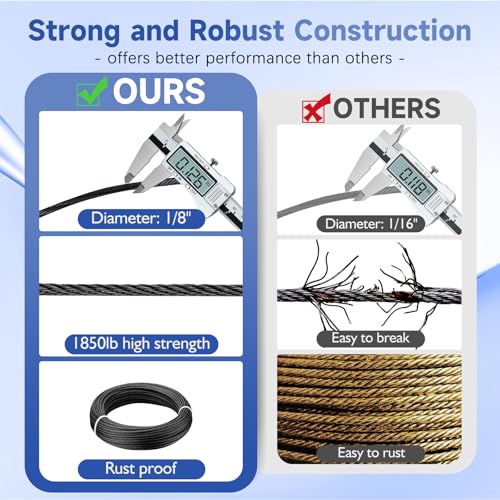 Image of 100FT 1 /8 inch T316 Stainless Steel Cable Marine Grade, Wire Rope Cable for Deck Cable Railing System Post Kit, 1850 lb Breaking Strength, 7x7 Strands Aircraft Cable for DIY Deck Railing, Black