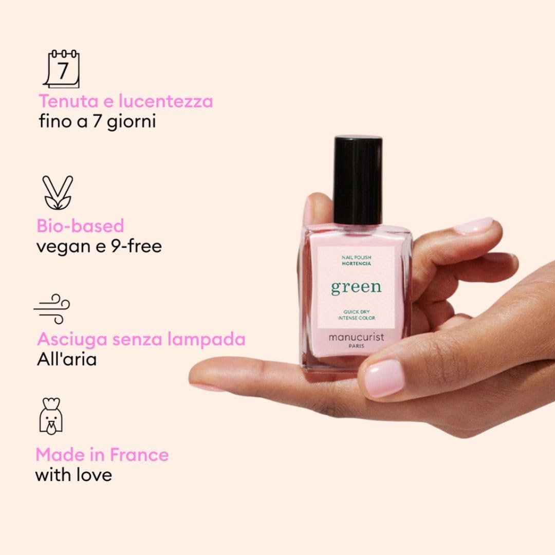 Manucurist Sistema Green Hortencia - Kit Smalto Resistente Senza Lampada : 1 Sgrassante, 1 Base Coat, 1 Smalto Unghie Rosa, 1 Top Coat, Gocce Asciuganti - Smalto Unghie Lunga Durata - Regalo Donna