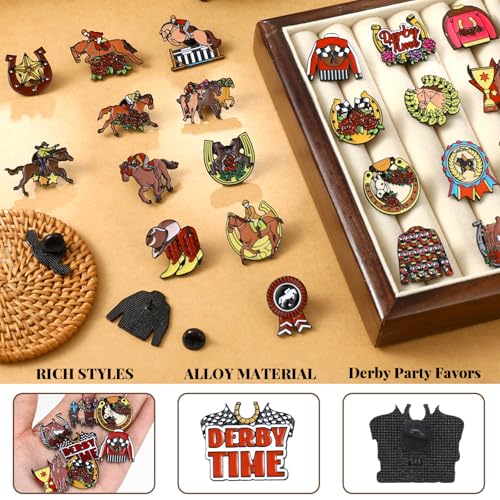 Image of Kosiz 24 Pcs Derby Day Enamel Pins Horse Racing Lapel Brooch Pins Rose Horseshoe Lapel Badge Western Derby Party Charm for Horse Race Lover Gifts Backpacks Cloths Hats Jewelry Set