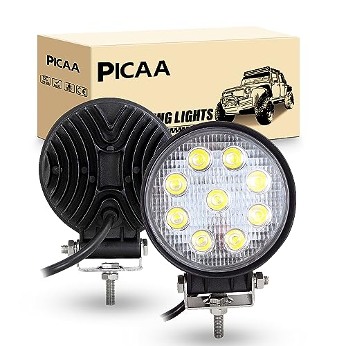 PICAA Faro da Lavoro LED 2pcs 27W 4 Pollici Tondo Flood Light Fari Led Auto Luci Off Road per Fuoristrada Guida Fendinebbia Luci della Barca Luci di Guida Faro da Lavoro a Led SUV Lampada Trattore