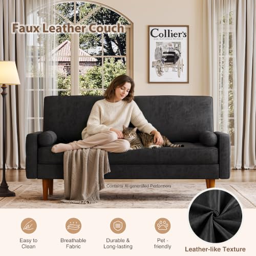 Image of HIFIT 57 inch Loveseat Sofa Couch, Mid Century Modern Faux Leather Couch, Black
