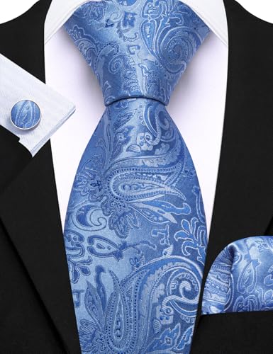 Image of Barry.Wang 6 PCS Men Ties Set Silk Business Fashion Woven Necktie Handkerchief Cufflinks Paisley Stripe Wedding Party