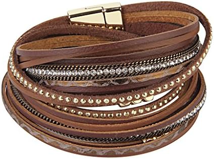 TASBERN Women Leather Wrap Bracelet in Goldplated Metallic Crescents and Crystal Cuff Bracelets for Ladies Girls Christmas Gift (brown leather bracelet for women)