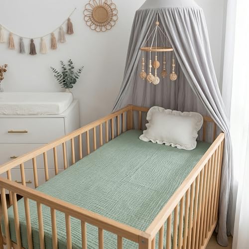 Image of Pro Goleem 2 Pack Muslin Crib Sheets for Boys and Girls, Soft Breathable Neutral Fitted Cotton Baby Bed Sheets Set for Standard Crib Mattress & Toddler Mattress 52 inchx28 inch, (Grey&Green)
