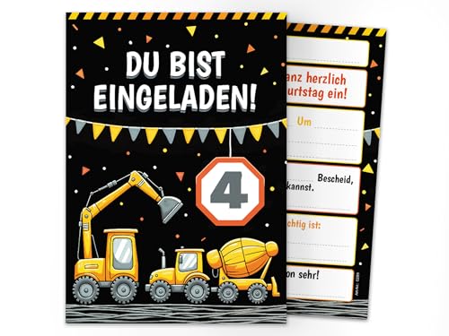 Junaversum 12 Einladungskarten zum 4. Kindergeburtstag Baustelle...