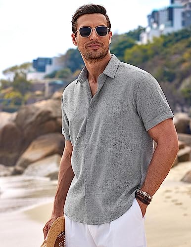 Image of COOFANDY Men's Linen Shirts Short Sleeve Casual Shirts Button Down Shirt for Men Beach Summer Wedding Shirt