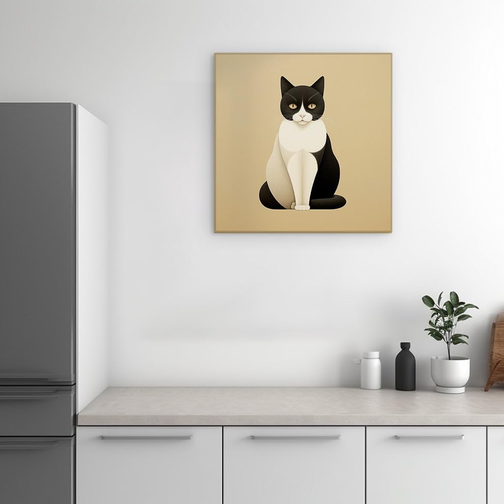 Canvas for Living room. Piercing Gaze: The Enigmatic Black and White Cat With Yellow Eyes, 27 x 18 inch Canvas Wall Art - Ready to Hang