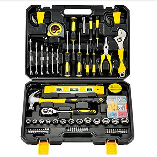 Tool Kit 128 Pcs Home Basic Tool Kit with Case for Maintenance Including Hammer Socket Wrenches Drills Screwdrivers Ratchet Wrench Knife Tape-measure Voltage-tester Hacksaw Drive sockets and Pliers