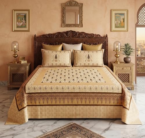Image of BSB HOME 240 TC Cotton King Size Bedsheet, Premium Soft Double Bed Sheet, Breathable & Skin Friendly Bed Cover, Elegant Printed Bedsheet, Durable, 90 x 100 Inches (229 x 254 cm) - Honey Beige