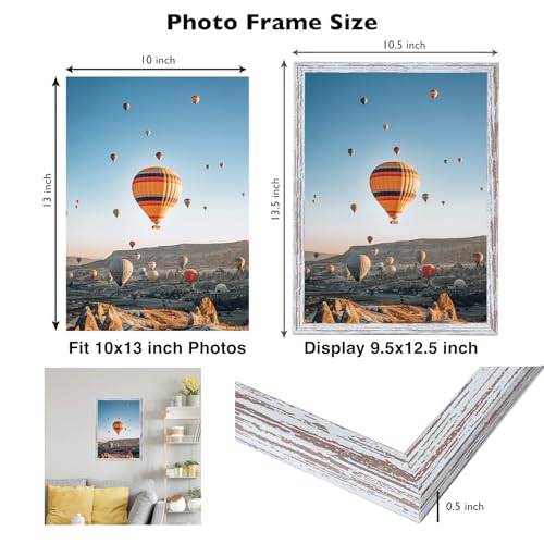 Image of JCJMY 10x13 Picture Frame Rustic White for Wall Hanging, Wall Mounting Horizontally or Vertically, 10 x 13 Wall Gallery Poster Photo Frame with Shatter Resistant Plexiglass, Rustic White