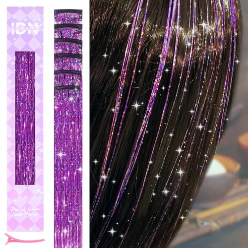IDN BEAUTY Soccer Game Day Hair Tinsel Clip in 6pcs Purple Sparkling Tinsel Hair Extensions 3s Wear and Go for Party Daily Travel Birthday 24Inch Hair Accessories for Girls Women Kids World Cup