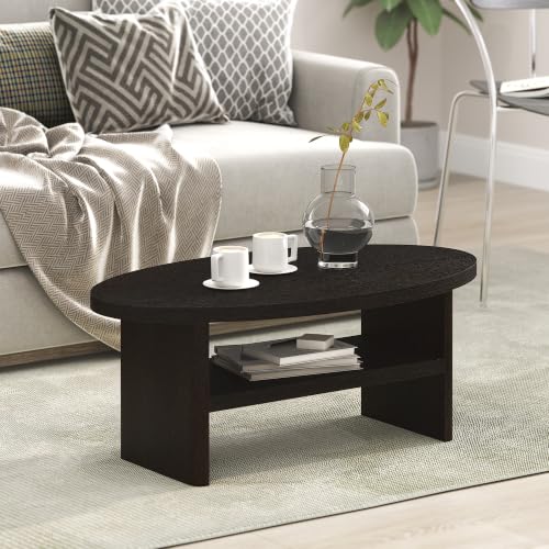 Image of Furinno Jaya 2-Tier Round Black Coffee Table with Oval Tabletop, Dark Oak