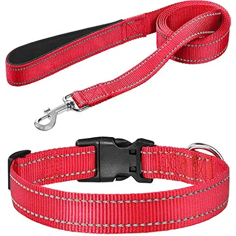 FunTags Dog Leash Bundle with 1.0"x 14"-20" Dog Collar,6FT Reflective Nylon Dog Leashes with Nylon Dog Collar for Medium Dogs,Red Cover