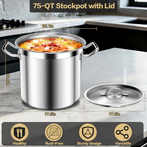 Image of Commercial Grade Large Stock Pot - 75 QT Soup Pot with Lid - Non-Nickel Stainless Steel Stock Pots - Healthy Cookware Polished Stockpots - Heavy Duty Cooking Pots, Cookware Sauce Pots