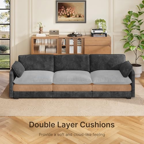 Image of Gizoon 3 Seater Couches for Living Room, Cloud Sleeper Sofa with Double Cushion Corduroy Deep Seat Sofa Couches with 2 Pillows for Living Room Bedroom and Apartment,Pet-Friendly Fabric, Grey