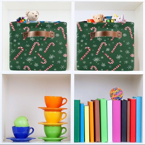 Image of Wamika Christmas Green Storage Basket with Waterproof Liner and PU Handles Winter Candy Cane Snowflake Storage Boxes 14.2 inch Collapsible Decorative Organizer Baskets for Bedroom Closet Office 1 Pack