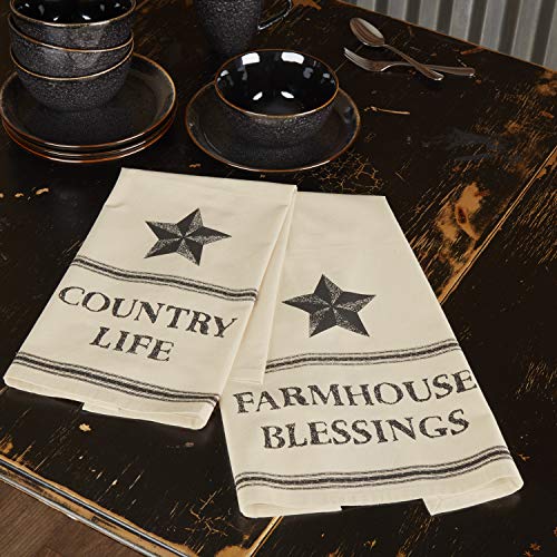VHC-Brands-Farmhouse-Star-Country-Life-Blessings-Text-Muslin-Cotton-Primitive-Thanksgiving-Tabletop-Fabric-Loop-Stenciled-Kitchen-Towel-Set-of-2-Antique-Creme-White VHC Brands Farmhouse Star Country Life Blessings Text Muslin Cotton Primitive Thanksgiving Tabletop Fabric Loop Stenciled Kitchen Towel Set of 2 Antique Creme White