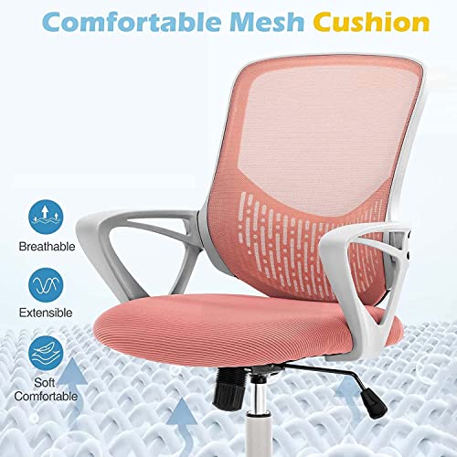 Ergonomic Office Chair - Home Desk Mesh Chair With Fixed Armrest, Executive Computer Chair With Soft Foam Seat Cushion And Lumbar Support, Pink #TOP2
