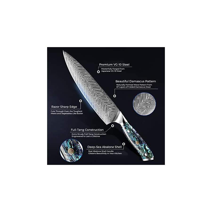 SENKEN-Damascus-Steel-8-Chef-Knife-with-Real-Deep-Sea-Abalone-Shell-Handle-Umi-Collection-67-Layer-Japanese-VG10-Forged-Steel-Blade-Integrated-Full-Tang-Molding-Angled-Bolster-8-Chef-Knife SENKEN Damascus Steel 8" Chef Knife with Real Deep-Sea Abalone Shell Handle - Umi Collection - 67-Layer Japanese VG10 Forged Steel Blade, Integrated Full-Tang Molding, Angled Bolster (8" Chef Knife)